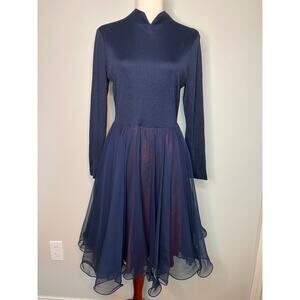 1960s Miss Elliette Navy Blue Chiffon Flutter Ballroom Regency Formal Dress M